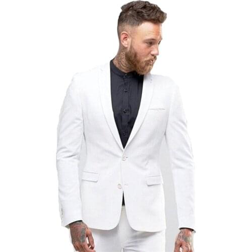 Men White Two Piece Mens Suit Peaked Lapel 2 Button Wedding Tuxedos Slim Fit Custom Suit Groom Tuxedo (Jacket+Pant)