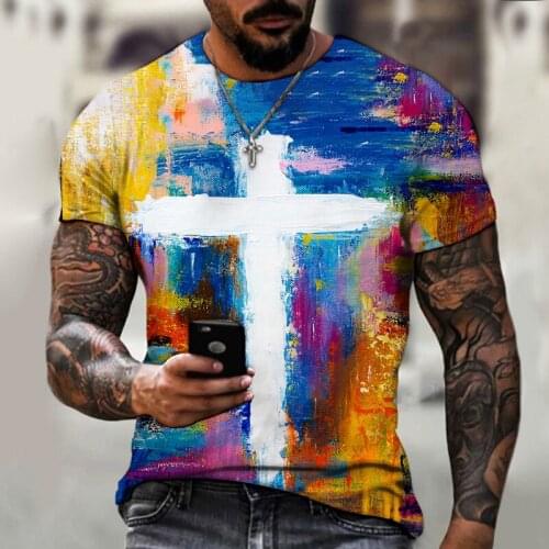 New Mens T-shirt Loose Clothes Retro Short Sleeve Fashion Cross Pattern Printed O-Neck Mens T-shirt