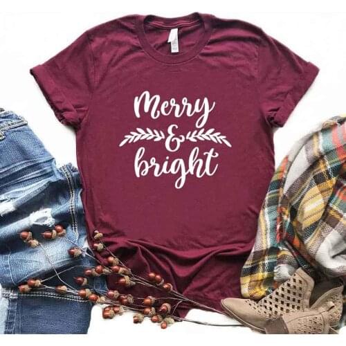 Merry and Bright Christmas Print Women Tshirts Cotton Casual Funny t Shirt For Lady Yong Girl Top Tee Hipster NA-869