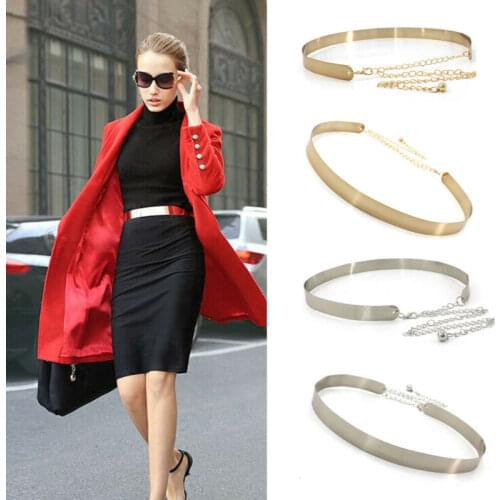 Goocheer New Arrival Womens Fashion Gold Belt High Waist Metal Mirror Metallic Plate Wide Band Chains High Street