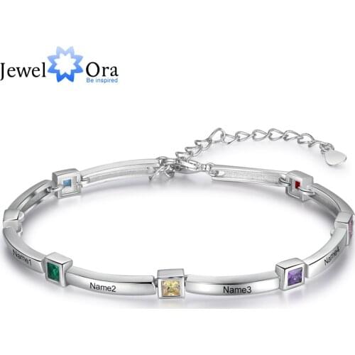 JewelOra Personalized Inlaid Square Birthstone Bracelets & Bangles Customized 8 Names Engraved Bracelets for Mother Xmas Gifts