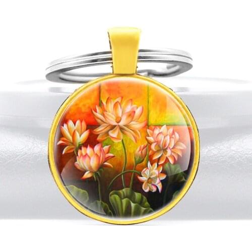 Classic Gold Buddhist Sacred Flower Design Glass Dome Pendant Key Chain Men Women Jewelry Gifts Key Rings Gift