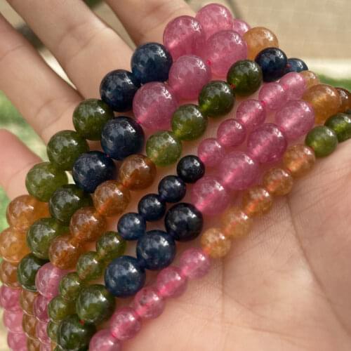 Round Smooth Beads Multicolor Tourmaline Jades Stone Loose Beads for Women DIY Accessorie Necklace Bracelet Jewelry Making15"
