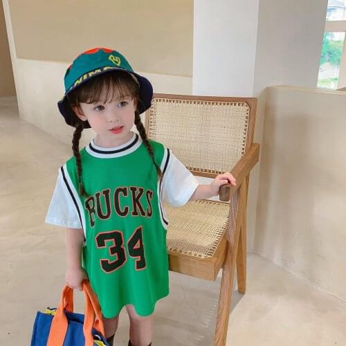 Summer Baby Dress Girls Kids Clothes Girls Ports Style Letter Splicing Long T-shirt Short Sleeve Contrast Basketball Clothing