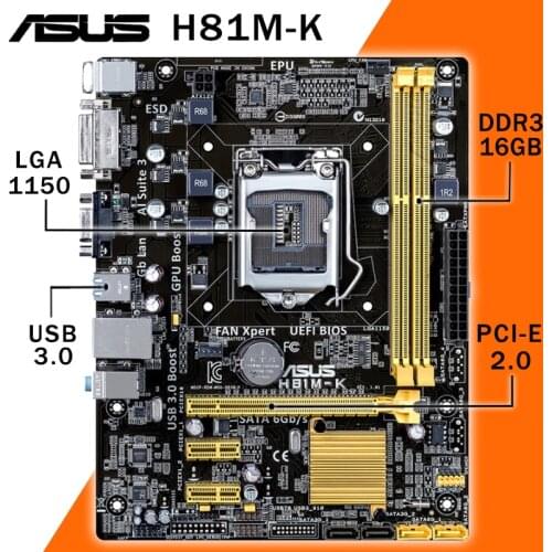 LGA 1150 Asus H81M-K Motherboard Core i7/i5/i3 DDR3 PCI-E 2.0 DVI VGA USB3.0 Desktop Intel H81 Placa-mãe 1150 mATX Used