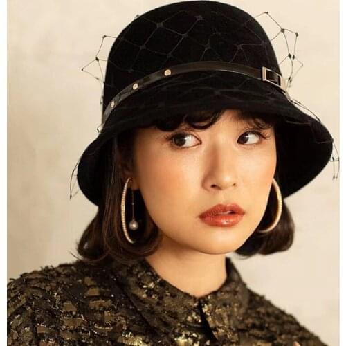 Fashion Autumn Winter Wool Elegant Retro Mesh Belt Decorated Fisherman Hat Ladies Basin Cap Casual Black Cloche Hat Felt Hat