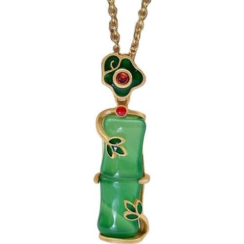 Fashion Electroplate 18k Gold Hand Inlaid Emerald Chalcedony Garnet Bamboo Pendant Necklace Womens Birthday Jewelry Gift