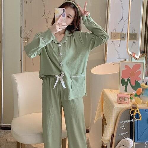 Fdfklak Womens Cotton Pajamas Spring Autumn New Casual Homewear Home Suit Sleepwear Set Long Sleeve Loungewear 2-Piece Set