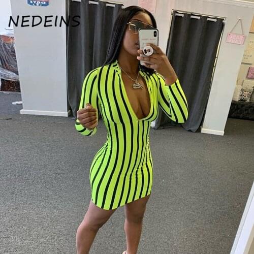 NEDEINS Autumn Dress Women Sexy V-neck Mini Dress Fashion High Street Striped Long Sleeve Bodycon Dresses 2020