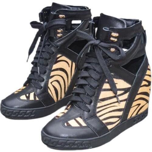 Drop Shipping Girls Leopard Height Increasing 8 cm Wedge Sneakers Shoes Woman Round Toe Cuts Out Lace Up Short Ankle Boots