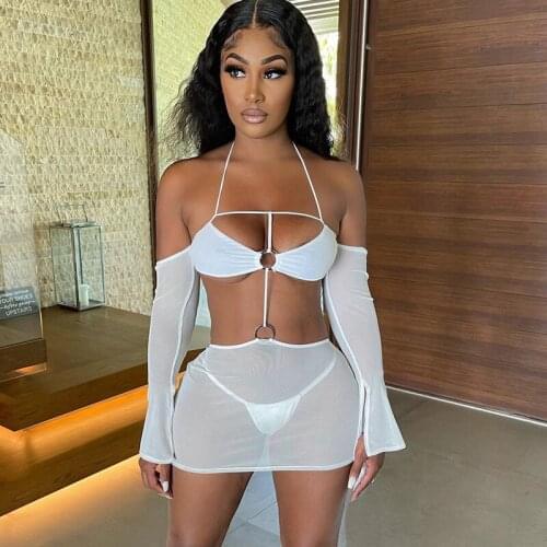 DSMTRC Sexy Mesh Two Piece Sets Women Summer Beachwear See Through Hollow Out Mini Dress+Underpants Suits Skinny Party Clubwear