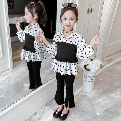 New Fashion Girls Polka Dot Pattern Chiffon Blouse and Flare Pants Two Pieces Elastic Outfits Childrens Clothing Sets 4-13Years