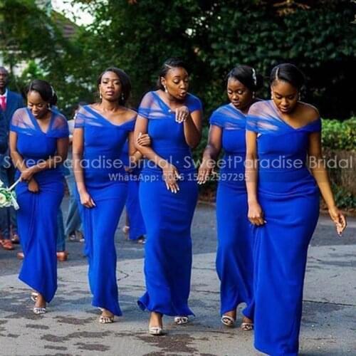 2020 Royal Blue Sheer Off Shoulder Bridesmaid Dresses Mermaid Long African Women Ankle Length Wedding Party Dress Vestidos