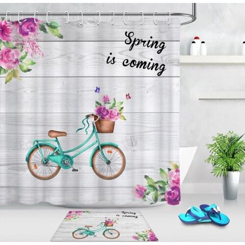 Spring Blue Bicycle Flower Floral Shower Curtain Bathroom Decor Rustic Wooden Plank Waterproof Fabric Bath Curtains with Hooks
