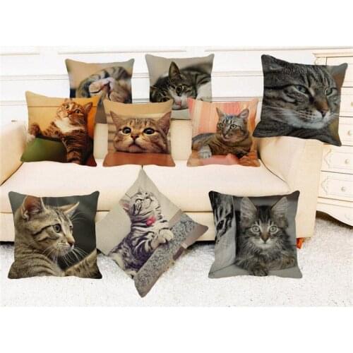 XUNYU Cute Pet Cat Cushion Cover Tabby Cat Pattern Linen Square Pillowcase Sofa Car Chair Decor Pillow Case 45x45cm D0091