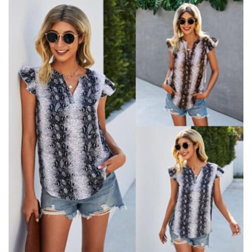 Summer 2021 Womens New Fashion Snake V-Neck Button Ruffle Short Sleeve Print Commuter Casual Blouse