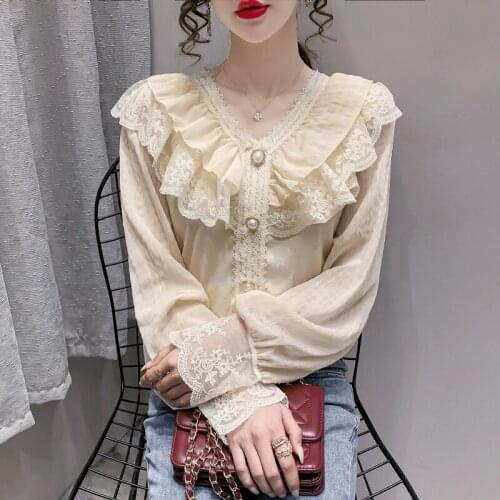 Women All-match Shirt 2021 Summer New Product V-neck Shirt Fashion Ruffle Lace Stitching Lantern Long Sleeve Loose Shirt