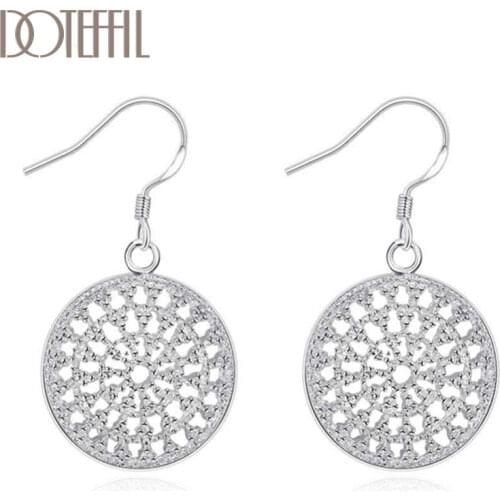 DOTEFFIL 925 Sterling Silver Hollow Out Round Plate Earrings Charm Women Jewelry Fashion Wedding Engagement Party Gift