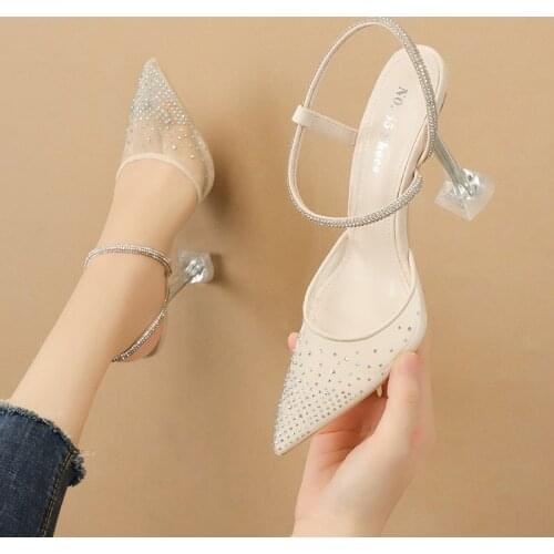 Women sandals Flock Mesh Slip On 5CM 7CM 9.5CM Thin Heels High heels Pointed Toe Rhinestones Bling Shallow women shoes
