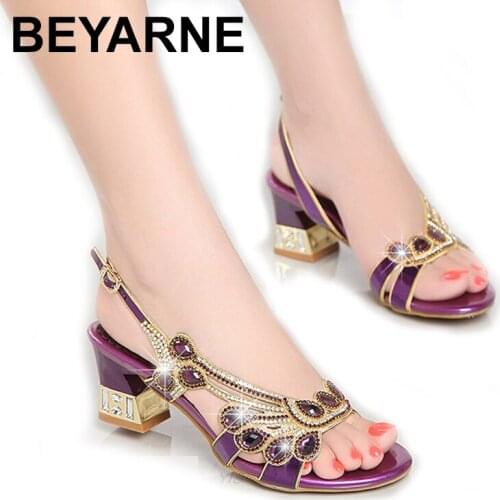 BEYARNE Fashion rhinestone sandals women slippers fish head diamond summer sandals thick high heels female sandals buty damskie