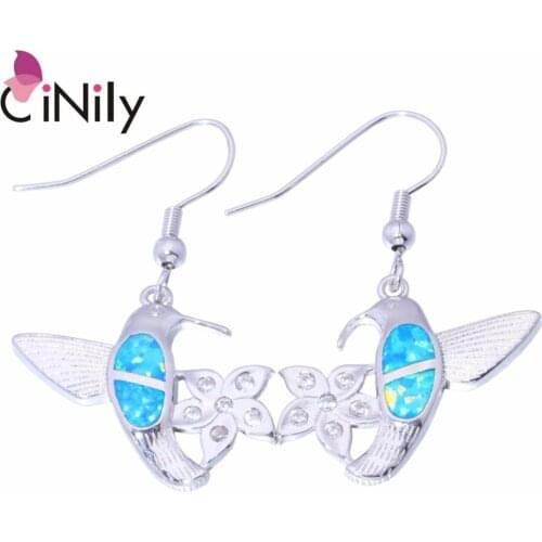 CiNily Created Blue Fire Opal Cubic Zirconia Silver Plated Wholesale Cute Bird for Women Jewelry Drop Earrings 1 3/8" OH2817