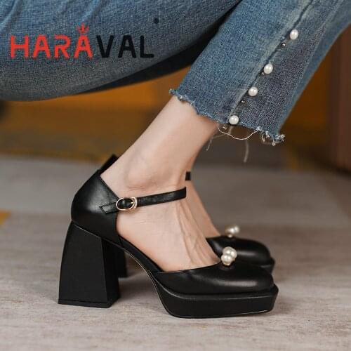 HARAVAL Women Pumps Shoes Elegant High Heels Black Brown Thick Heels Mary Janes Round Toe Office & Career Buckle Strap Shoe B353