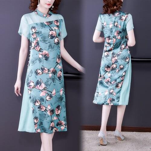 Summer Floral Chiffon Beach Midi Dress Women Chinese 5XL Plus Size Vintage Patchwork Dress 2021 Elegant Bodycon Party Vestidos