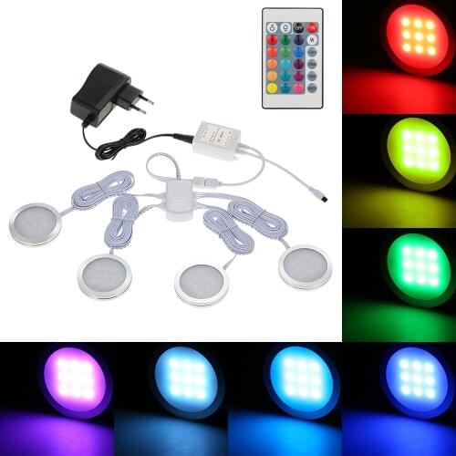4PCS Slim Round Shape RGB LED Under Cabinet Light Kit SMD5050 Puck Lamp Colorchanging Dimmable Remote Control for Kitchen Closet