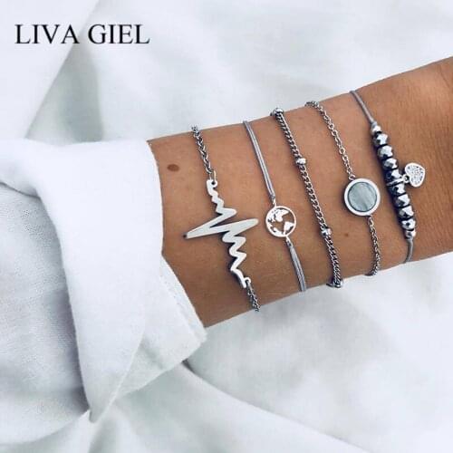 5 Pcs/Set Bohemia Heart Rate Black Beads Chain Bracelet Set For Women Heart ECG Map Pendant Multi-layer Charm Bracelet Bangles