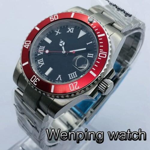 Bliger 40mm Silver Case Sapphire Glass Red Bezel Black Dial Date Waterproof Luminous Mens Top Automatic Watch