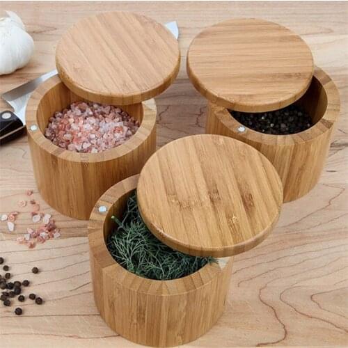 Creative Round Natural Bamboo Salt Box Condiment Container Modern Kitchen Storage Bottle With Lid Herb Spice Jar Cooking Tools
