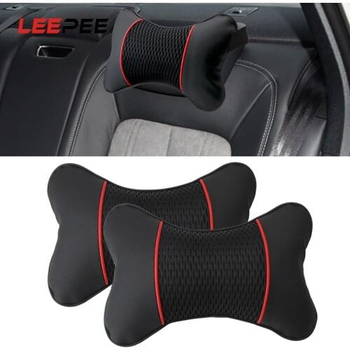 LEEPEE 2Pcs PU Leather Knitted Car Headrest Neck Pillow Travel Neck Cushion Auto Accessories Interior Support Seat Accessories