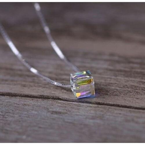 Fashion Aurora Sugar Cube Crystal Geometric Square Pendant Necklace for Women 925 Sterling Silver Creative Trend Jewelry SN195