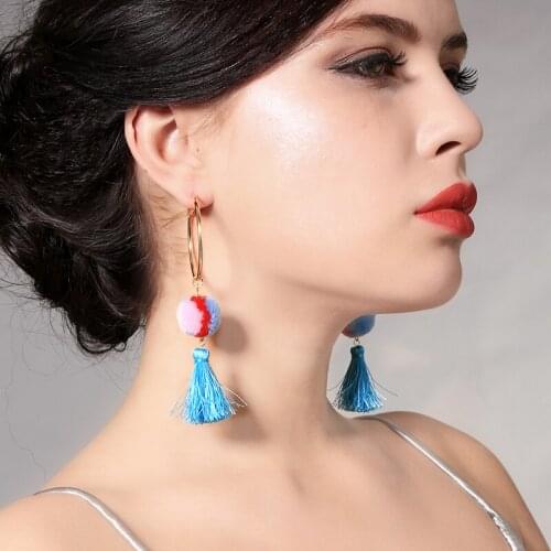 Fashion Trendy Circular Cute Cotton Thread Pompon Ball Earring Blue/Red Color Tassel Earrings For Women