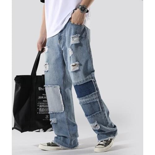 Fashion Ripped Mens Jeans Loose Straight Distressed Patch Jeans Hip Hop Frayed Trousers Streetwear Men Loose Patchwork Jeans
