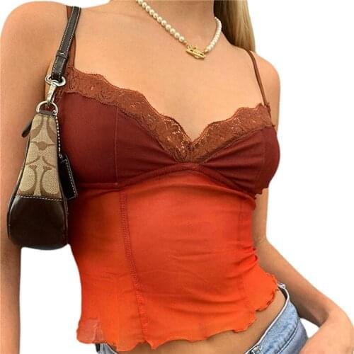 2021 Fashion Trend Women’s Solid Color Contrast Camisole Sexy Lace V-neck Mesh Yarn Stitching Exposed Navel Top Summer Tanks