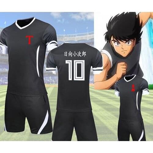 Can be customized T-shirt Captain Tsubasa KojiroHyuga Black Jersey Uniform Cosplay Costume Football Short Sleeve Sportsuit