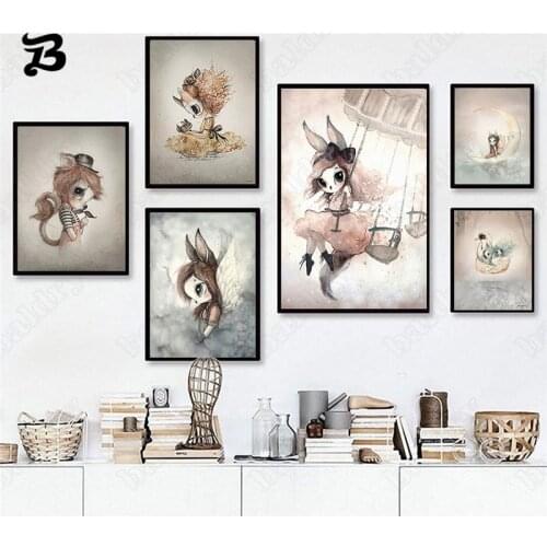 Cartoon Posters Home Decoration Nordic Canvas Painting Wall Art Prints Rabbit Girl Boy Picture for Kids Bedroom Warm Sweet Decor