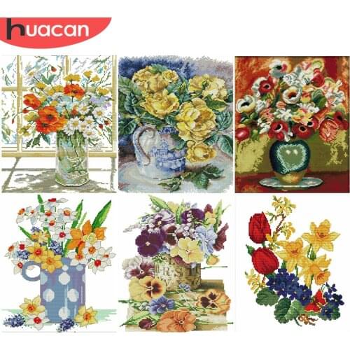 HUACAN Cross Stitch Kits White Canvas Embroidery Floral Needlework Sets 11CT 14CT DIY Gift Home Decoration Flower In Vase