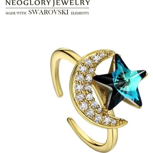 Neoglory Austria Crystal & Zircon Adjustable Finger Ring Blue Moon & Star Style Elegant Lady Daily Classic Gift Party Sale