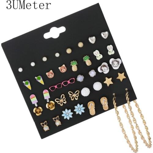 3UMeter 2019 New Ice Cream Animal Pineapple Set Earrings For Women Pineapple Golden Butterfly Rhinestone Earrings Gift