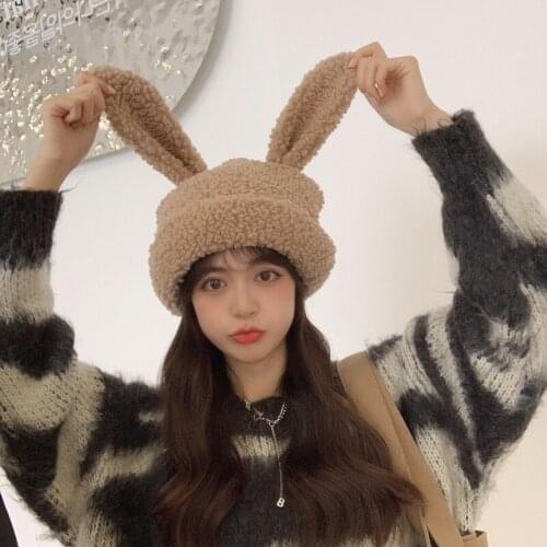 2021 New Cute Rabbit Ears Lambswool Beanies Hat Women Autumn Winter Wool Hat Lady Girl Outdoor Fashion Hip Hop Solid Warm Bonnet