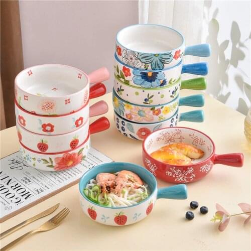 Dinner Ceramic Salad Bowl With Handle Breakfast Cereal Fruit Plate Solid Color Dessert Soup Noodles Bowl Microwave Oven Special