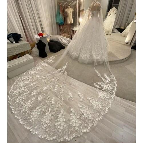 2020 One Layer Beaded 3M Long Cathedral Wedding Veils With 3D Applique Soft Tulle One Layer Bridal Veil Wedding With Comb
