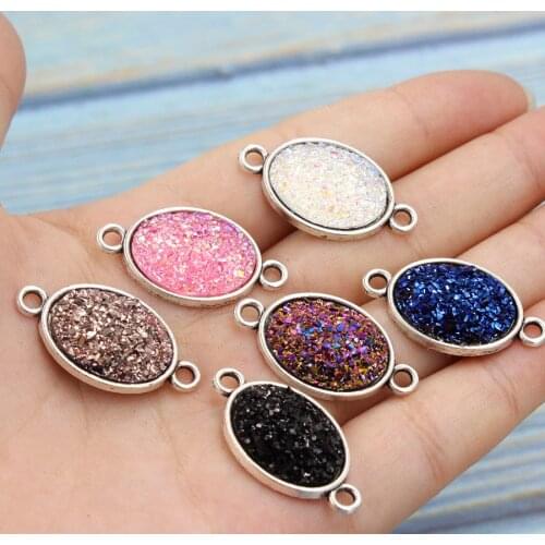 Fnixtar Oval Resin Stone Connector Pendant Crystals Oval Charm Druzy Drusy DIY Bracelet Necklace Charm Jewelry Finding 20pcs/lot