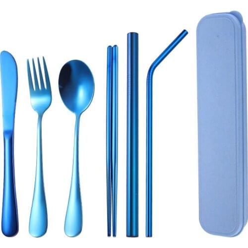304 stainless steel portable tableware box 7-piece set knife, fork, spoon, chopsticks Straw set outdoor tableware set