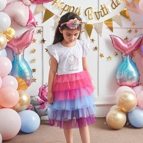 Fluffy Unicorn Dress For Girls Flying Sleeve Princess Dresses Casual Children Clothing Carnival Disguise Clothes Vestidos Robe