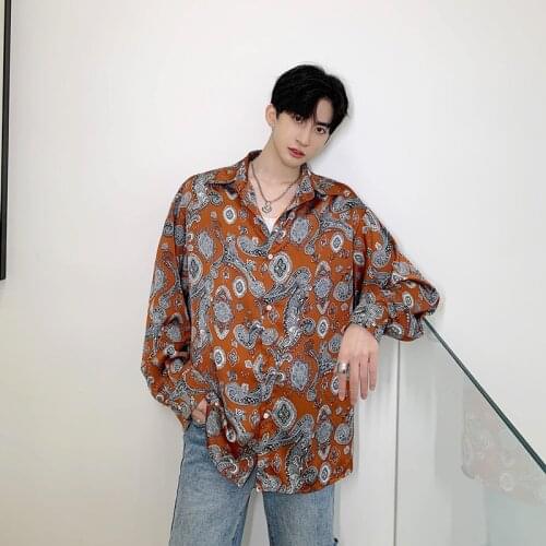 Men Vintage Print Loose Casual Long Sleeve Shirt Male Satin Style Fashion Streetwear Dress Shirts