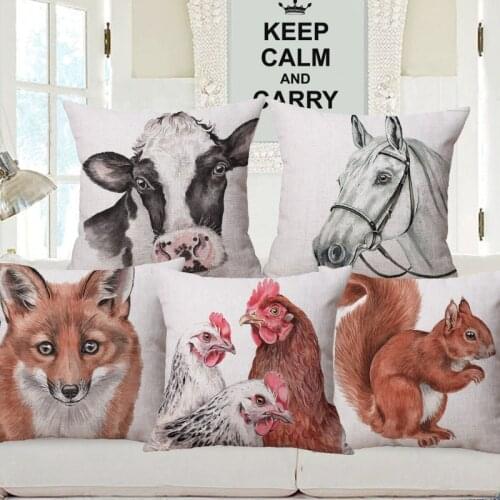 Hand Painting Animals Cushion Cover Sheep Tiger Fox Ducks Donkey Goat Hens Cow Poster Print Pillow Case