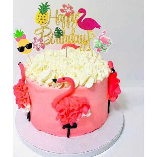 Happy Birthday Decor Summer Flamingo Cake Topper Pineapple Cake Flags Aloha Luau Party Cake Decor Baking Hawaiian Party Supplies